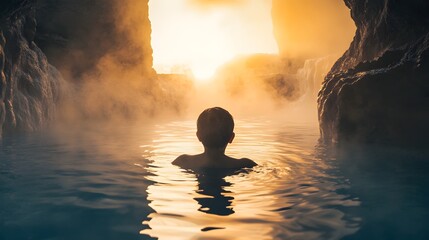 Silhouette of Person in Geothermal Hot Spring at Sunset