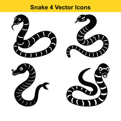 A cute cartoon illustration features a set of wild black and white snake animals, a vector reptile serpent.