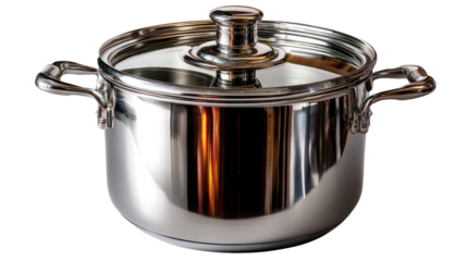 Shining Cooking Pot: A gleaming, stainless steel cooking pot, complete with a glass lid, embodies the essence of culinary craftsmanship and domestic elegance.