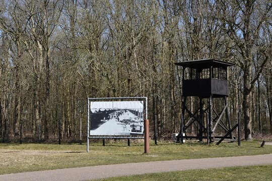 Westerbork, the Netherlands. March 19, 2025. One of the watchtowers of the transit camp Westerbork, Holland.