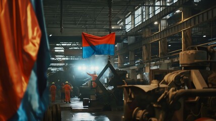 Joyful diverse group of workers celebrating Workers' Day with balloons and banners, united in harmony and labor pride.