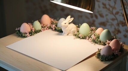 Charming easter-themed setup featuring a white ceramic bunny surrounded by pastel-colored eggs, adorned with pink flowers and green foliage