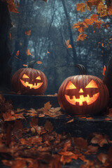 Fototapeta premium Spooky Halloween Jack-o'-lanterns on Autumn Steps in Dark Forest