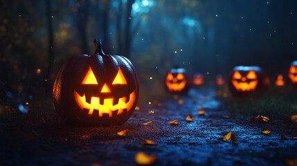 Fototapeta premium Spooky Halloween Jack-o'-Lanterns on Dark Forest Path at Night