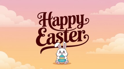 Charming easter illustration featuring a cute bunny holding vibrantly colored eggs against a pastel sky background, perfectly embodying the joyful and whimsical spirit of spring
