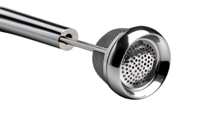 Stainless Steel Tea Infuser: A close-up shot of a modern tea infuser, gleaming stainless steel, ready to steep the perfect cup. It shows elegant design and functionality for tea lovers.