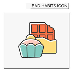 Addiction color icon. Food addiction. Overeating tasty meals. Uncontrollable urge to eat sweets, chocolates and cakes.Bad habits concept. Isolated vector illustration