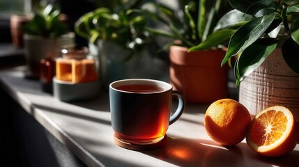 Peaceful morning tea with fresh oranges on sunny windowsill