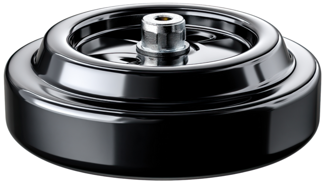 Black Robotic Wheel: This close-up photo showcases a black robotic wheel with intricate details of its metal composition.