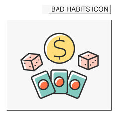 Addiction color icon. Compulsive gambling. Uncontrollable urge to keep gambling. Casino jackpot, playing cards.Bad habits concept. Isolated vector illustration