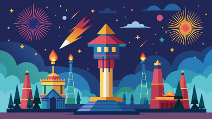 A colorful cityscape with a yellow tower and a rocket in the middle. The sky is dark and the stars are visible