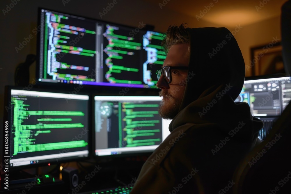 Poster night coder, programmer's focused work in a dark room