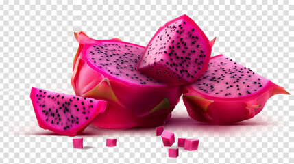 The Unfurling of a Dragon's Heart: Witness the juicy, fuchsia flesh of the dragon fruit revealed in dynamic fragments, hinting at its unique texture and subtly sweet flavor. A captivating glimpse into