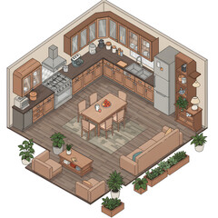 Isometric view of stylish and comfortable kitchen and living room interior