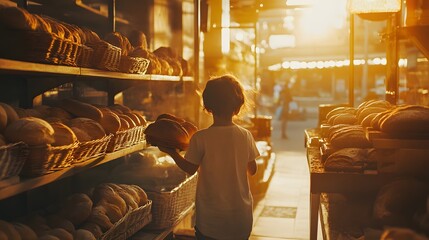Child Selecting Bread in Warmly Lit Bakery
