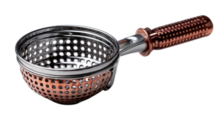 Copper and Silver Tea Infuser: A close-up of a  modern copper and silver tea infuser with a stylish, perforated design and a comfortable handle, perfect for brewing loose leaf tea.