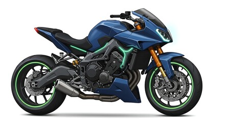 Blue Motorcycle Isolated with Glowing Green Accents Illustration