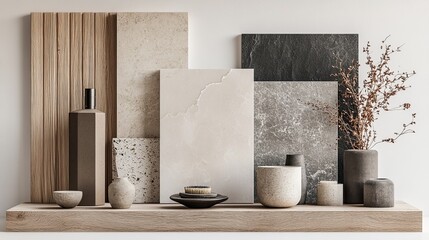 Soft-toned mood board with off-white marble, stone in muted greys, oak wood 