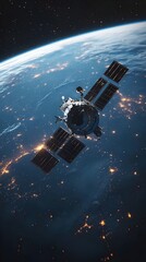 Naklejka premium Satellite Orbiting Earth at Night Showing City Lights and Solar Panels