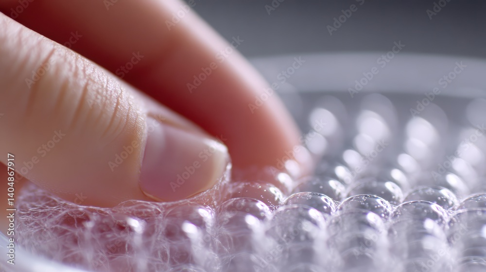 Poster Fingers delightfully pop bubble wrap while crumpling it in an artistic display of texture and sound