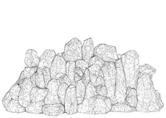 A pile of rocks is shown in black and white. The rocks are piled up in a way that they look like they are on top of each other. The image has a sense of weight and solidity
