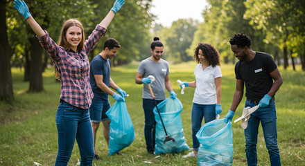 Joyful Volunteers Cleaning Park: A Vibrant Teamwork Scene