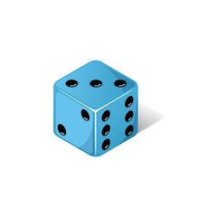 Game dice, blue dice with the number three side coming up. Dice cube icon isolated on white background.