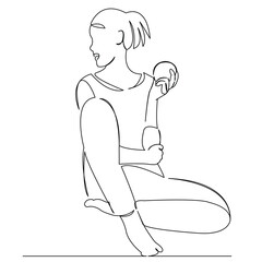 One continuous single drawing line art flat doodle girl, apple, happy, beautiful, young. Isolated image hand draw contour on a white background

