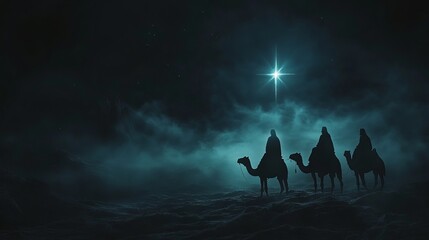 Three wise men on camels following a bright star in the night sky in a dark and moody scene
