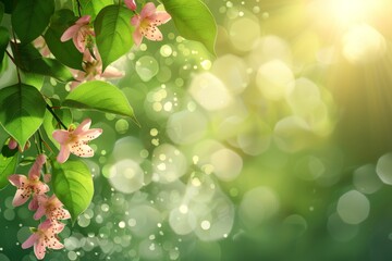 Bright summer backdrop with flowers, sunshine and bokeh