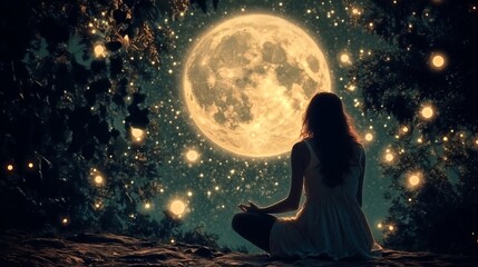 A serene woman meditates beneath a luminous full moon.