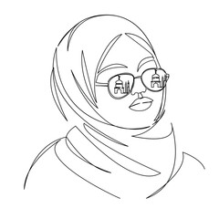 One continuous single drawing line art flat doodle beautiful, mosque, woman, muslim, female, tourist, glasses. Isolated image hand draw contour on a white background
