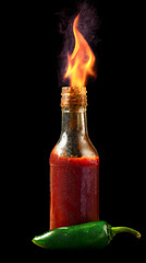 A flaming siracha ketchup bottle with jalapeno pepper.