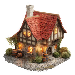 Cozy Medieval Cottage with Red Tile Roof at Night isolated on transparent background