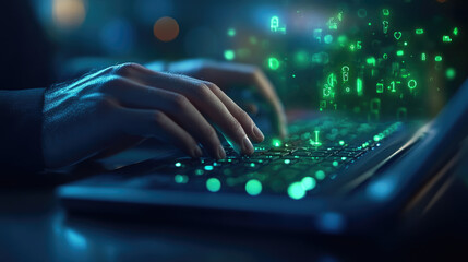 Hacker typing on a keyboard amidst green encrypted data projections in a cybersecurity environment from a digital viewpoint