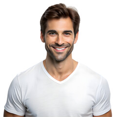 Fototapeta premium portrait of a smiling man wearing white t shirt isolated on transparent background