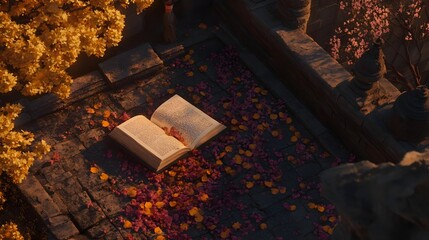 Open Book Under Golden Sunlight Surrounded by Blooming Flowers