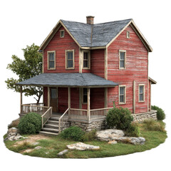 Red Two Story Farmhouse with Porch and Stone Foundation isolated on transparent background