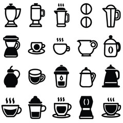 Coffee and Tea Cup Icons Set with Various Drink and Food Symbols
