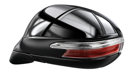 Black Side View Mirror: A close-up of a sleek black side view mirror, featuring a stylish chrome trim and integrated LED turn signal.