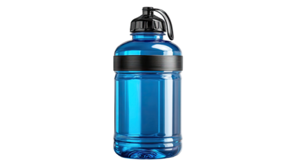 Blue Sports Water Bottle: A sleek and practical blue sports water bottle with a black lid and handle, ready to quench your thirst after a workout or an active day.  