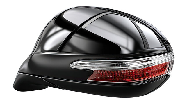 Black Side View Mirror: A close-up of a sleek black side view mirror, featuring a stylish chrome trim and integrated LED turn signal.