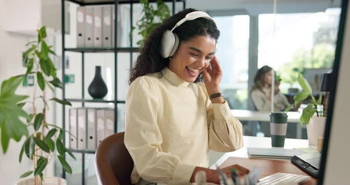 Headphones, dance and businesswoman in office with computer for creative project listening to music. Technology, audio and female critic editor working online with streaming album for review.