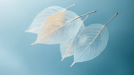 A delicate arrangement of translucent leaf skeletons against a soft blue gradient background space for text