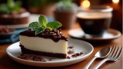 Indulgent chocolate cheesecake slice with mint garnish in cozy cafe