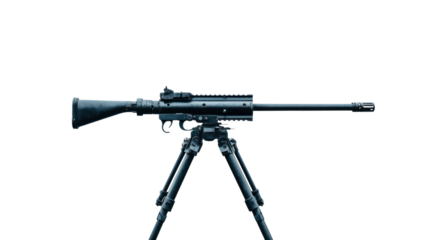 Precision shooting action outdoor range cutout background military equipment side view tactical focus