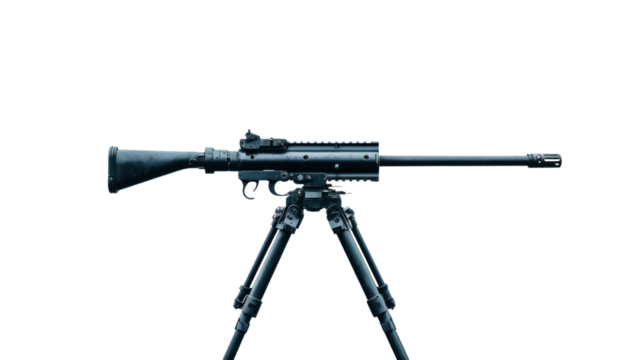 Precision shooting action outdoor range cutout background military equipment side view tactical focus