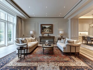 Elegant Interior Design: A seamlessly designed living space with a harmonious blend of classical elements and refined aesthetics.