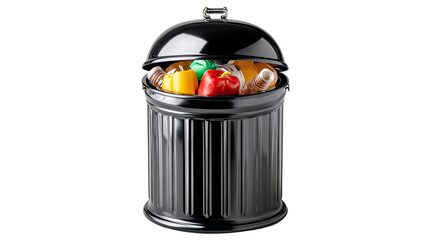 Trash Can with Colorful Veggies: A conceptual shot showing a black trash can filled with a vibrant array of colorful vegetables, symbolizing waste or overabundance. 