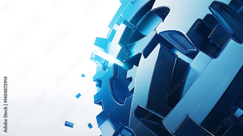 Poster 3d metallic gears with blue hue and dynamic lighting on white background